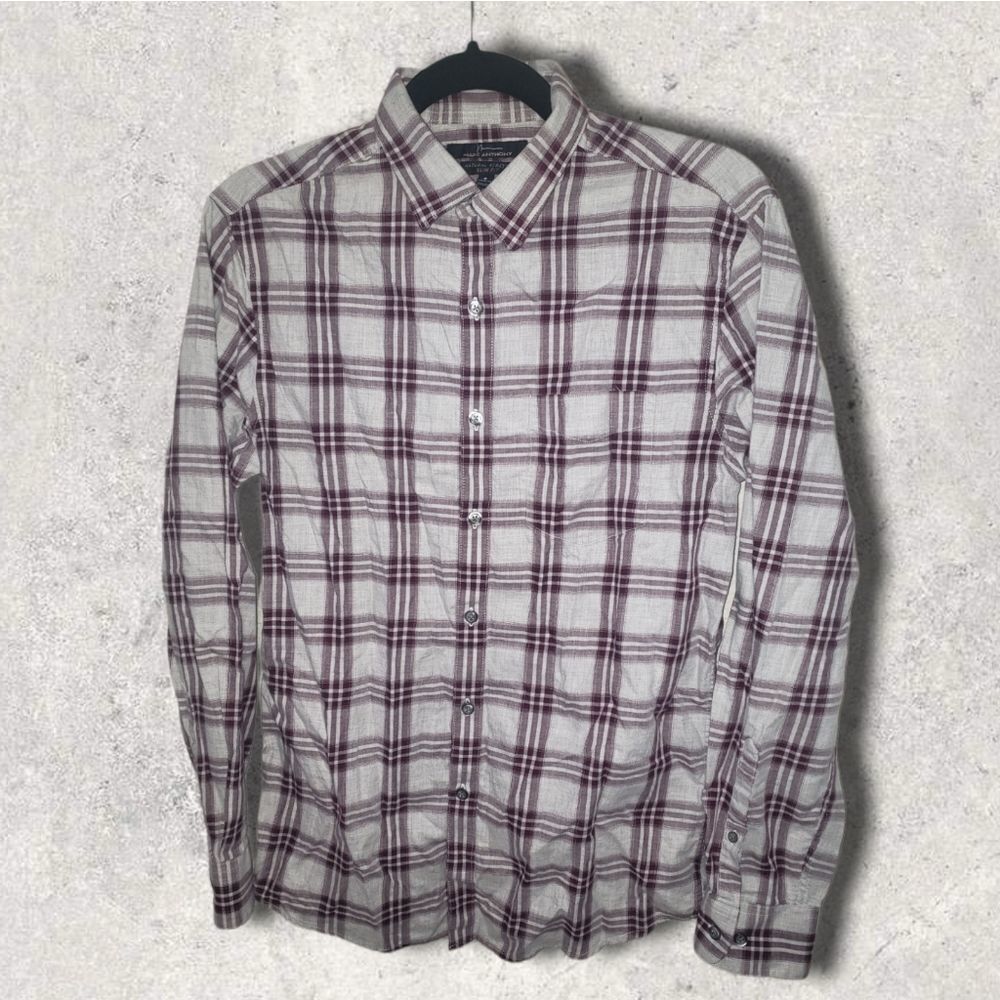 Marc Anthony Natural Stretch Slim Fit Check Plaid Gray Button Down Shirt